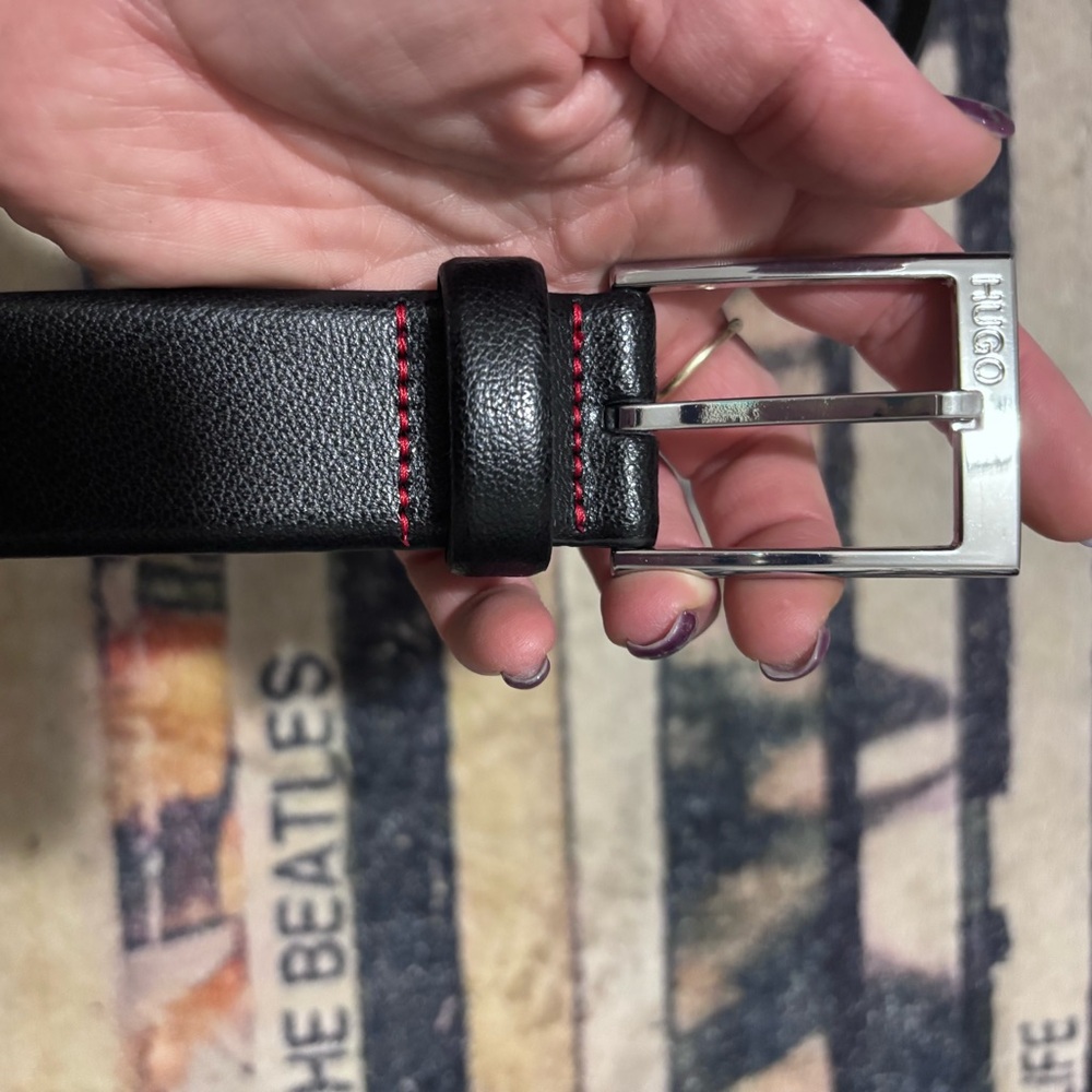 HUGO Black Belt with Silver Buckle and Red Stitching 34 new without tags